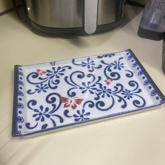 Pier 1 Butterfly Blossom Hand Painted Glass Porcelain Serving Tray Platter - Picture 2 of 11